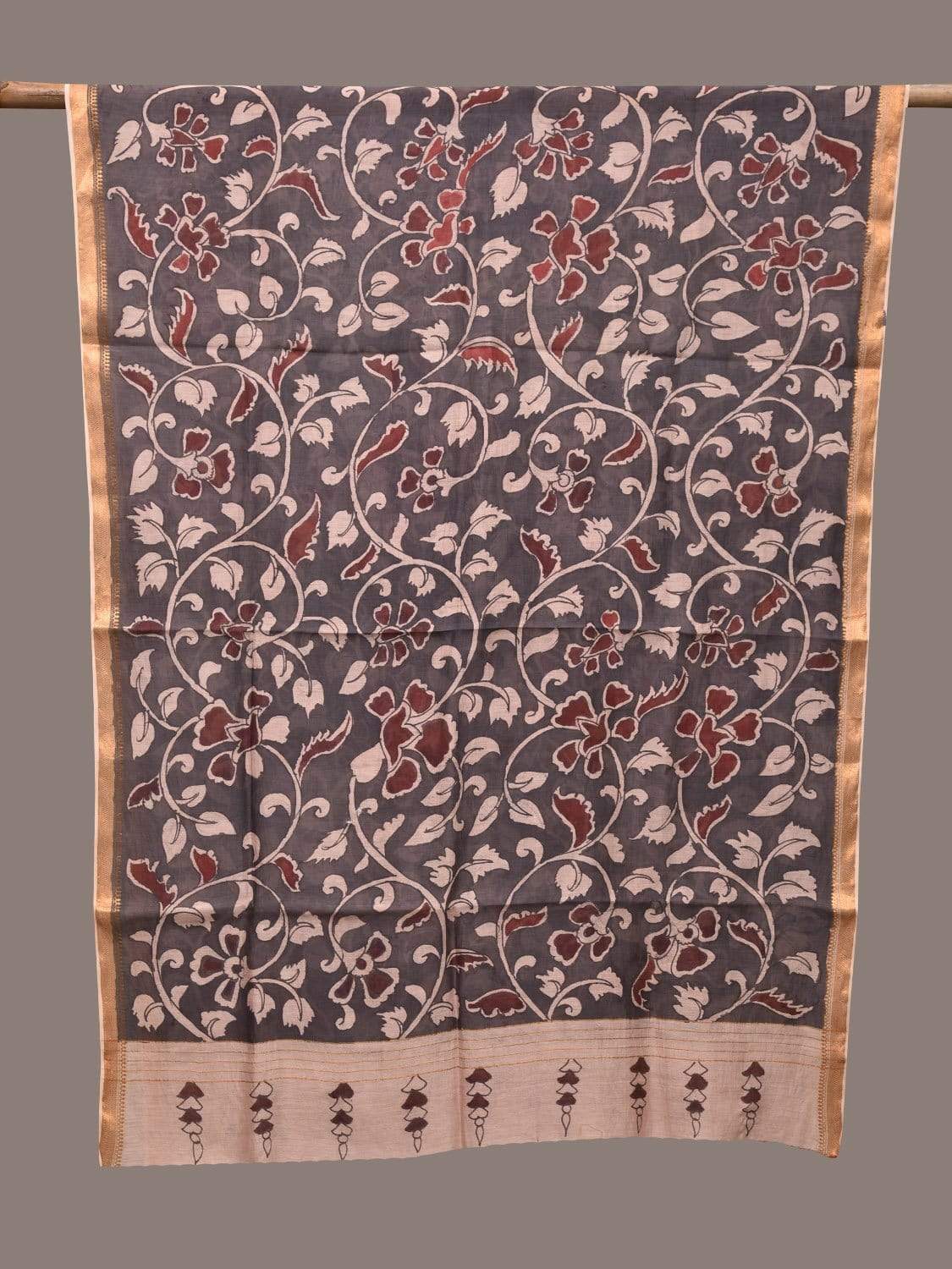 Grey Kalamkari Hand Painted Cotton Silk Handloom Dupatta with Floral Design ds2258