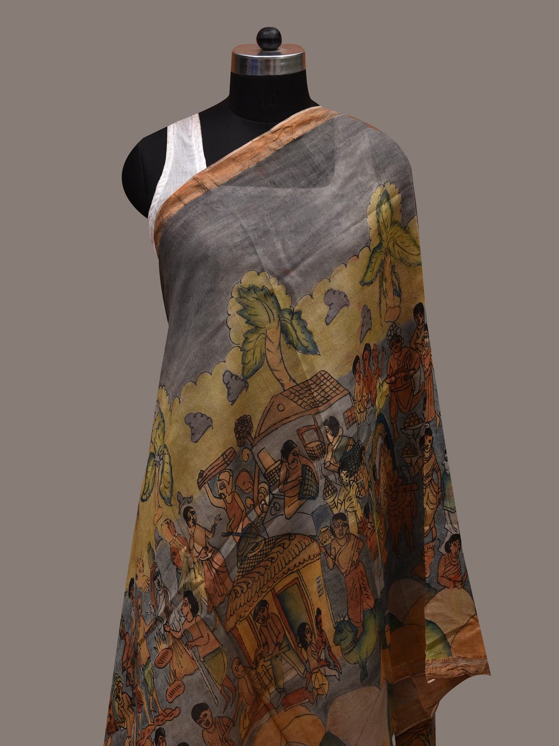 Grey Kalamkari Hand Painted Cotton Silk Handloom Dupatta with Village Theme Design ds2720