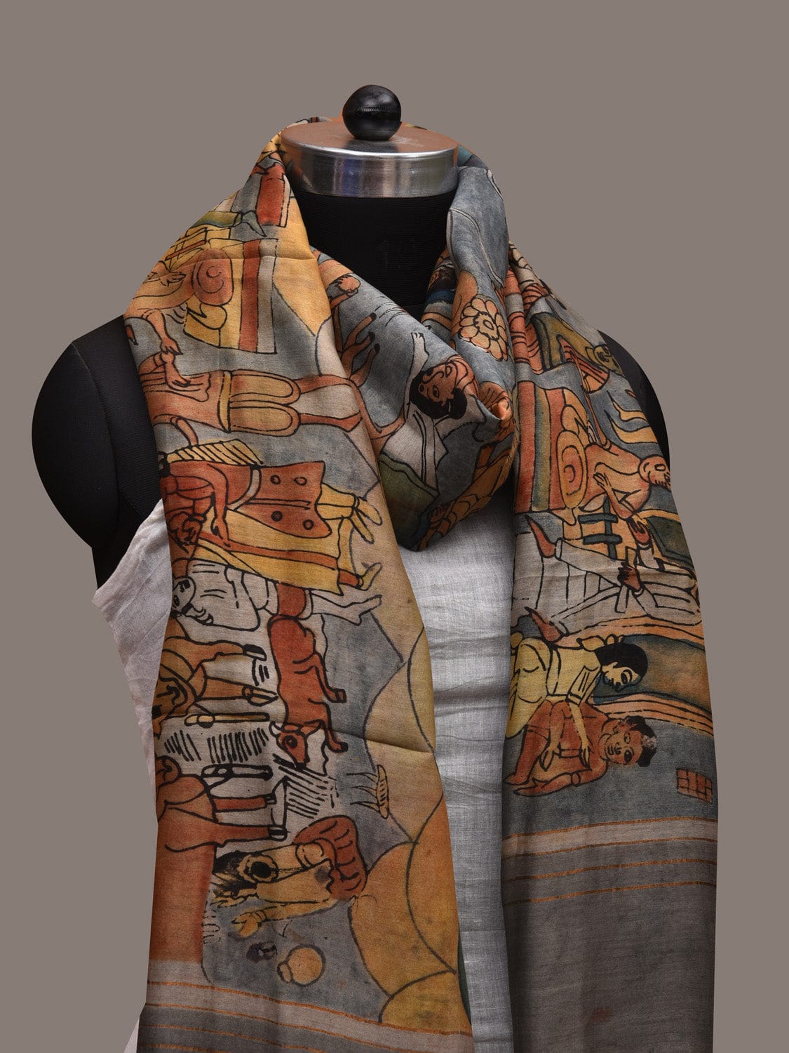 Grey Kalamkari Hand Painted Cotton Silk Handloom Dupatta with Village Theme Design ds2720