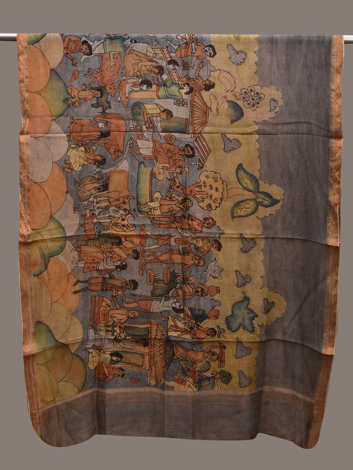 Grey Kalamkari Hand Painted Cotton Silk Handloom Dupatta with Village Theme Design ds2720