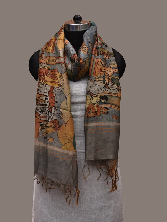 Grey Kalamkari Hand Painted Cotton Silk Handloom Dupatta with Village Theme Design ds2720