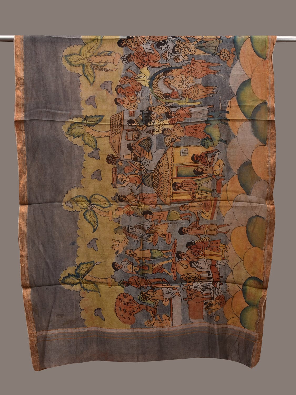 Grey Kalamkari Hand Painted Cotton Silk Handloom Dupatta with Village Theme Design ds2720