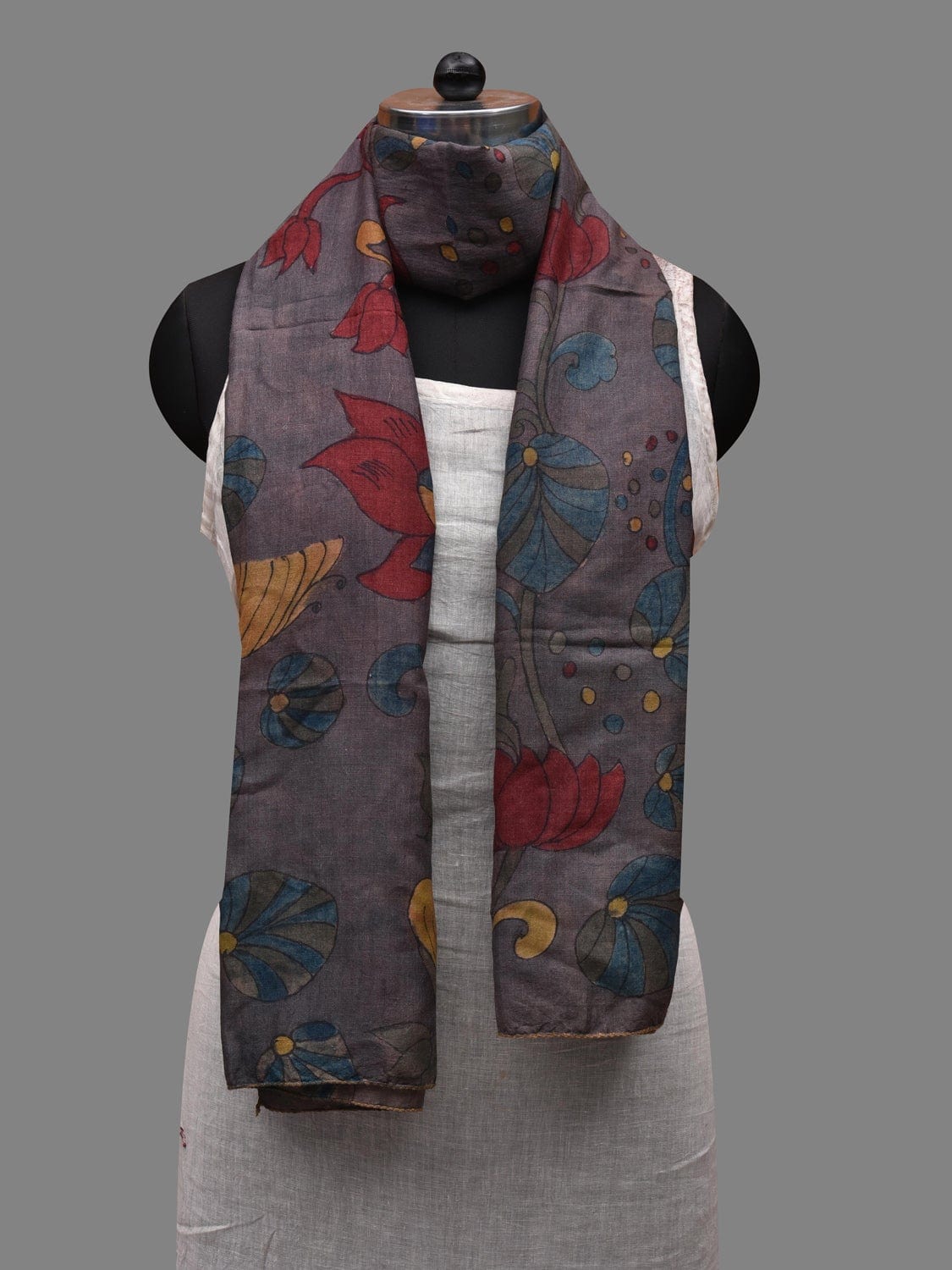 Grey Kalamkari Hand Painted Cotton Silk Handloom Stole with Floral Design ds2628