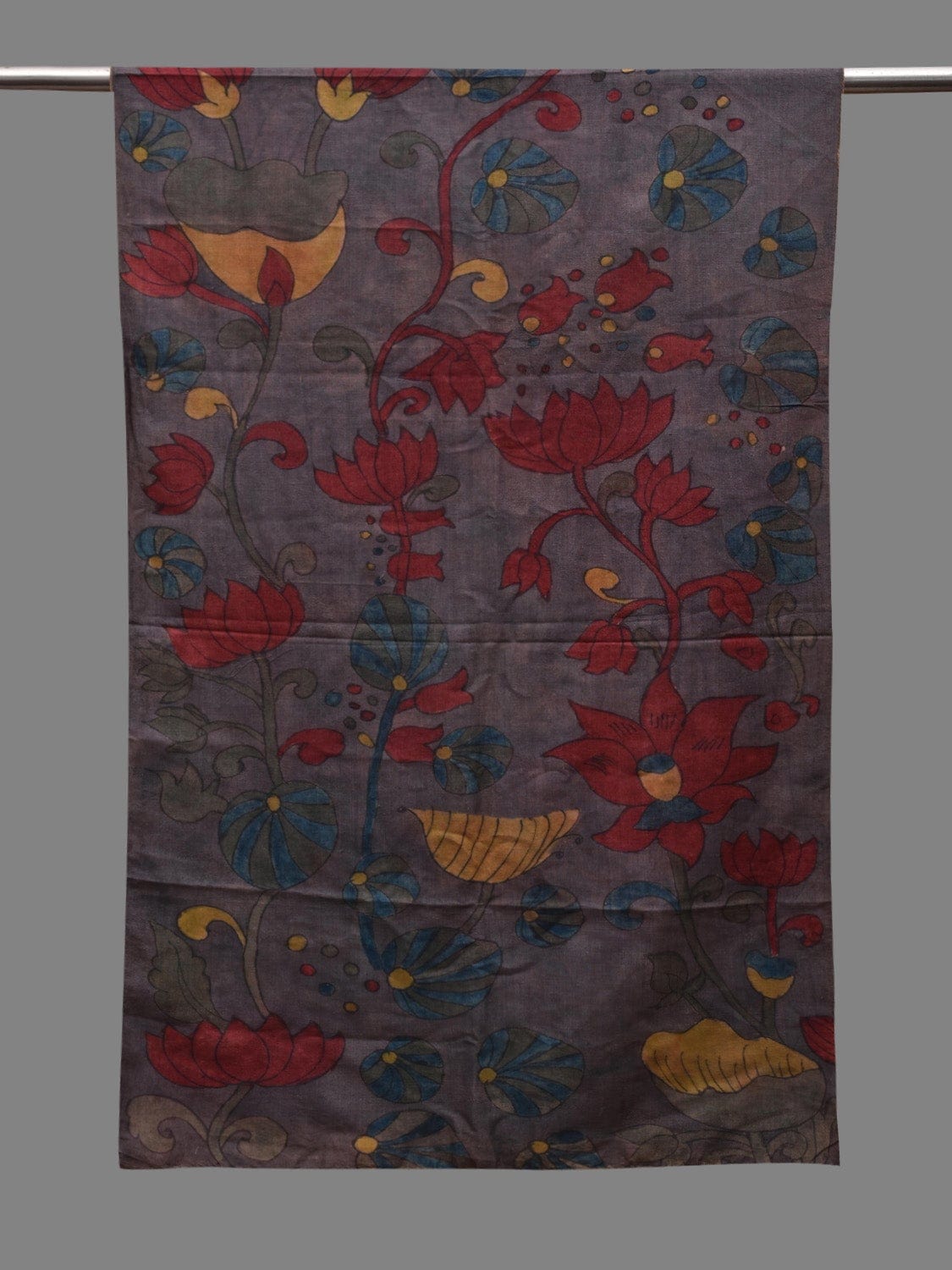 Grey Kalamkari Hand Painted Cotton Silk Handloom Stole with Floral Design ds2628