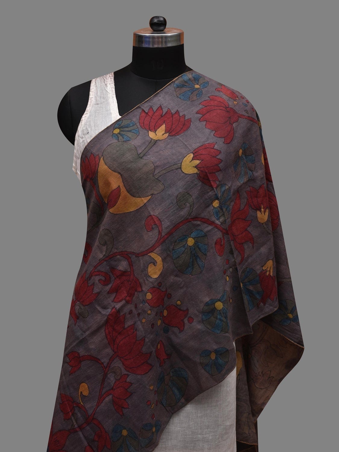 Grey Kalamkari Hand Painted Cotton Silk Handloom Stole with Floral Design ds2628