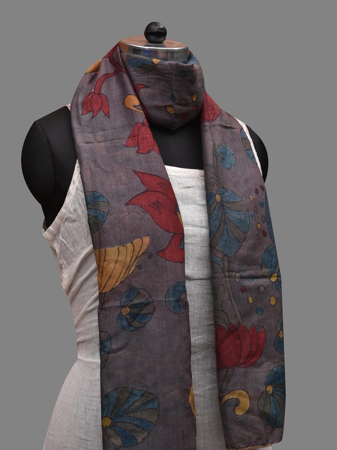 Grey Kalamkari Hand Painted Cotton Silk Handloom Stole with Floral Design ds2628