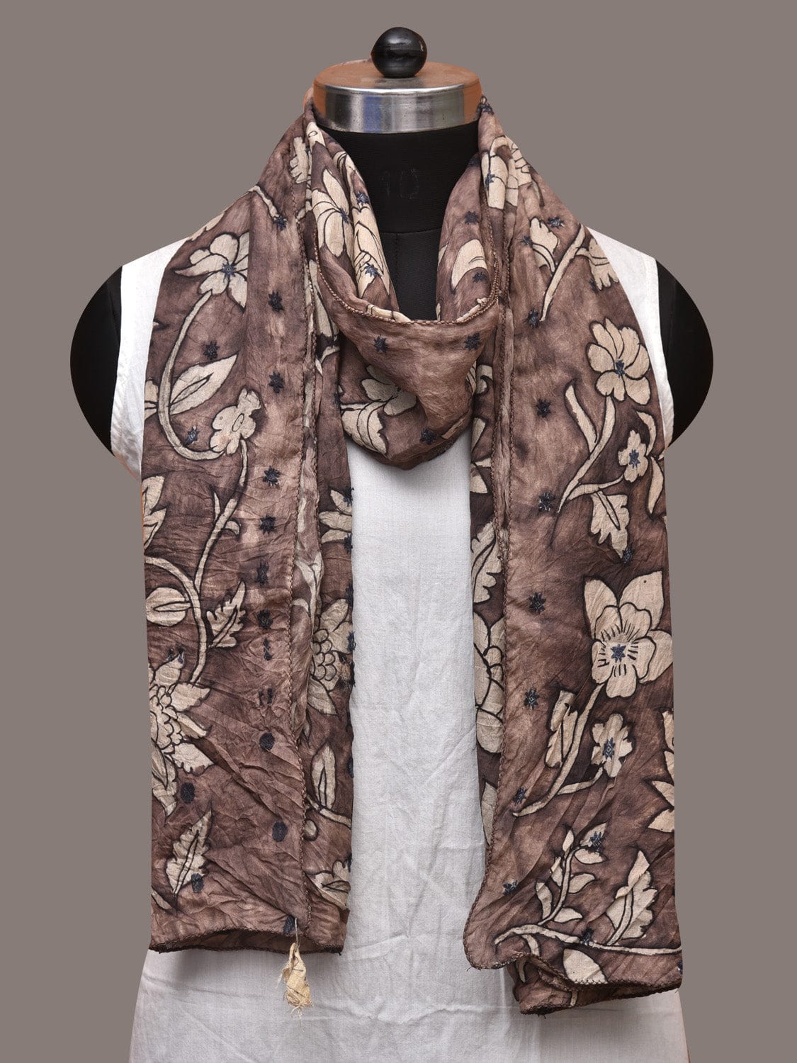 Grey Kalamkari Hand Painted Cotton Silk Stole with Floral Design ds3564