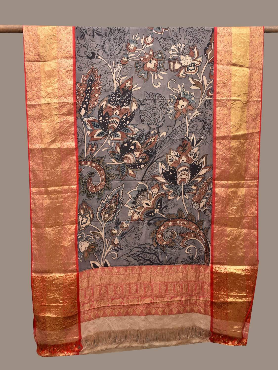 Grey Kalamkari Hand Painted Kanchipuram Silk Handloom Dupatta with Exotic Flowers Design ds2292