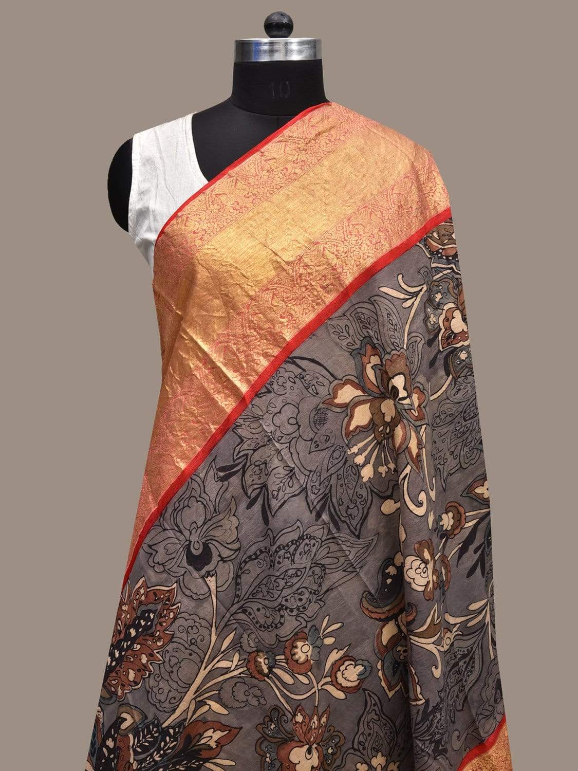 Grey Kalamkari Hand Painted Kanchipuram Silk Handloom Dupatta with Exotic Flowers Design ds2292