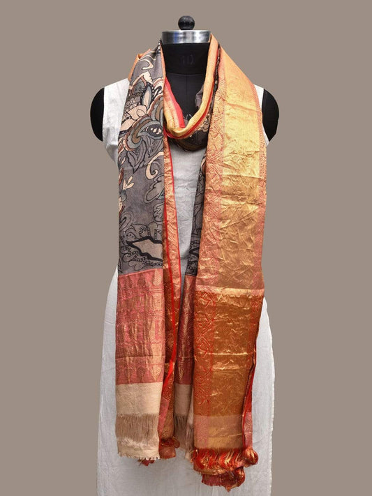 Grey Kalamkari Hand Painted Kanchipuram Silk Handloom Dupatta with Exotic Flowers Design ds2292