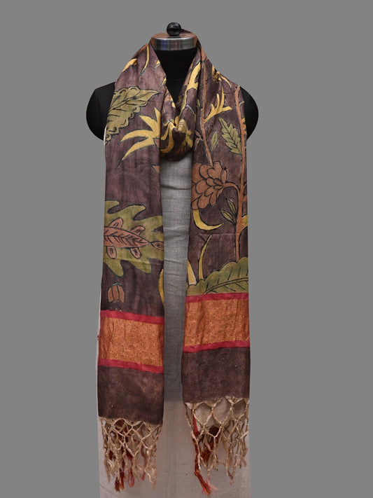 Grey Kalamkari Hand Painted Kanchipuram Silk Handloom Dupatta with Floral Design ds2624