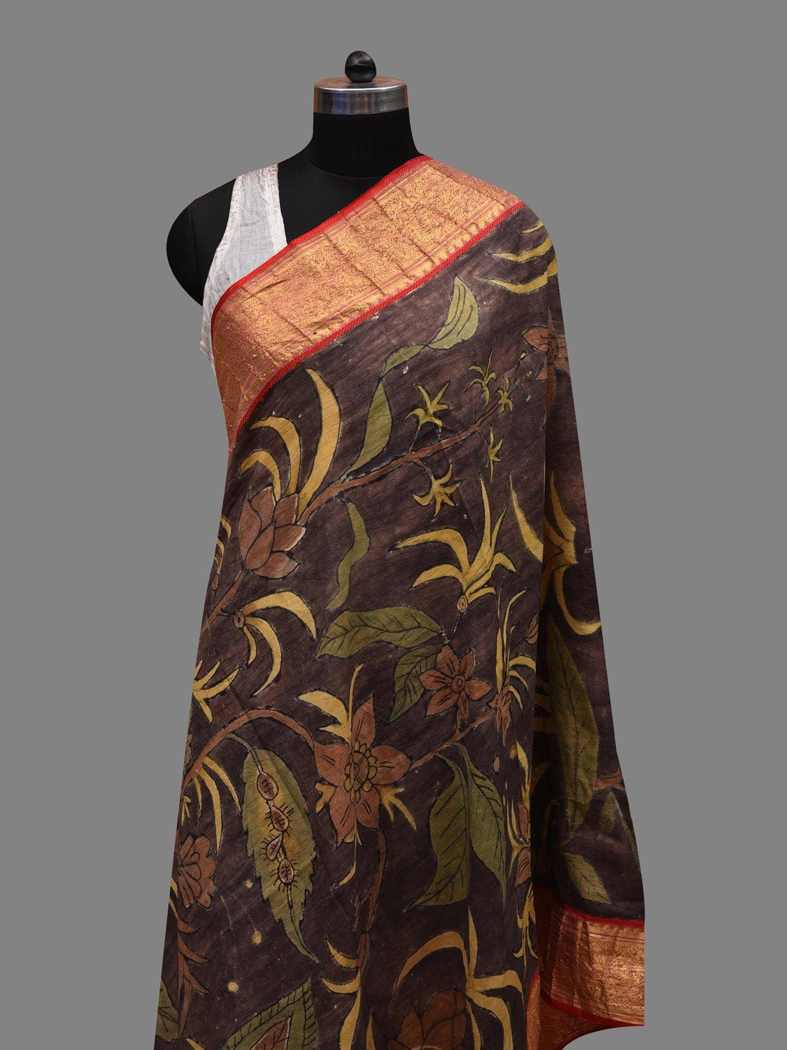 Grey Kalamkari Hand Painted Kanchipuram Silk Handloom Dupatta with Floral Design ds2624