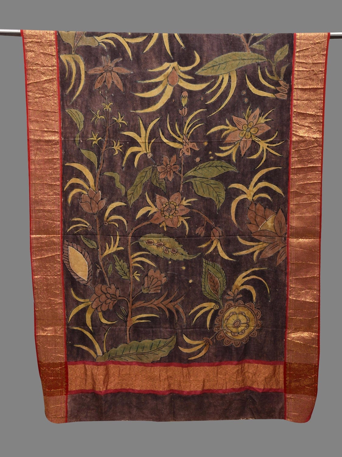 Grey Kalamkari Hand Painted Kanchipuram Silk Handloom Dupatta with Floral Design ds2624