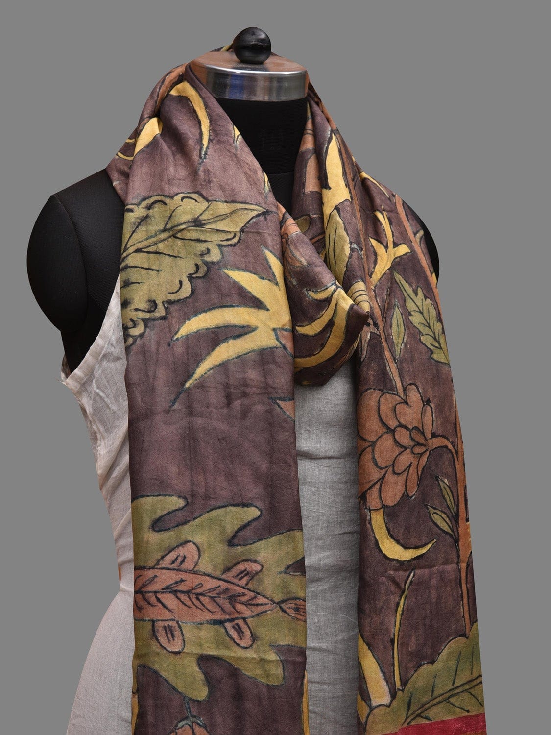 Grey Kalamkari Hand Painted Kanchipuram Silk Handloom Dupatta with Floral Design ds2624