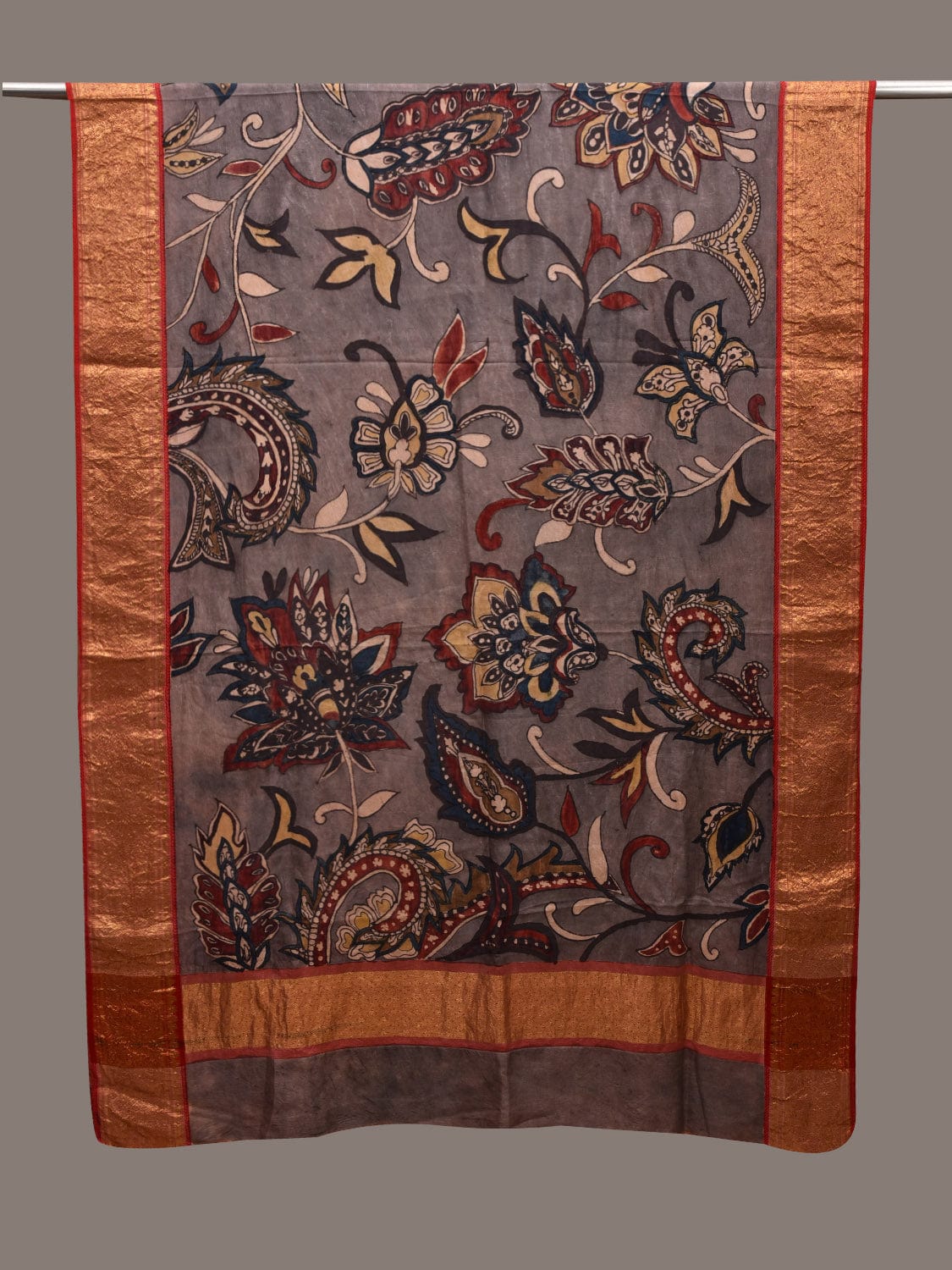 Grey Kalamkari Hand Painted Kanchipuram Silk Handloom Dupatta with Floral Design ds2716