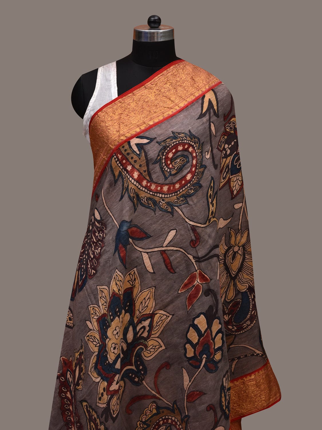 Grey Kalamkari Hand Painted Kanchipuram Silk Handloom Dupatta with Floral Design ds2716