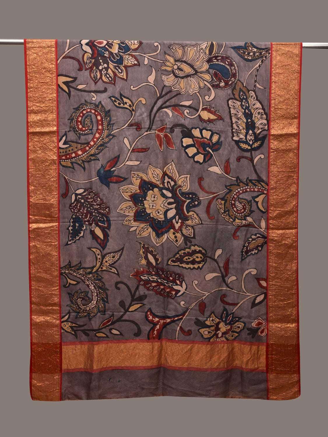 Grey Kalamkari Hand Painted Kanchipuram Silk Handloom Dupatta with Floral Design ds2716