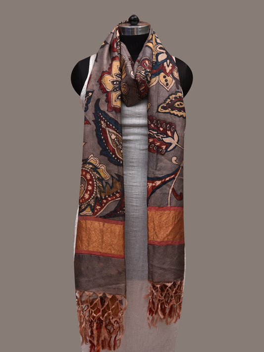 Grey Kalamkari Hand Painted Kanchipuram Silk Handloom Dupatta with Floral Design ds2716