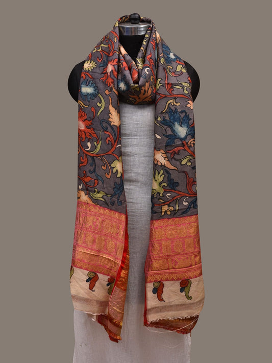 Grey Kalamkari Hand Painted Kanchipuram Silk Handloom Dupatta with Floral Design ds2834