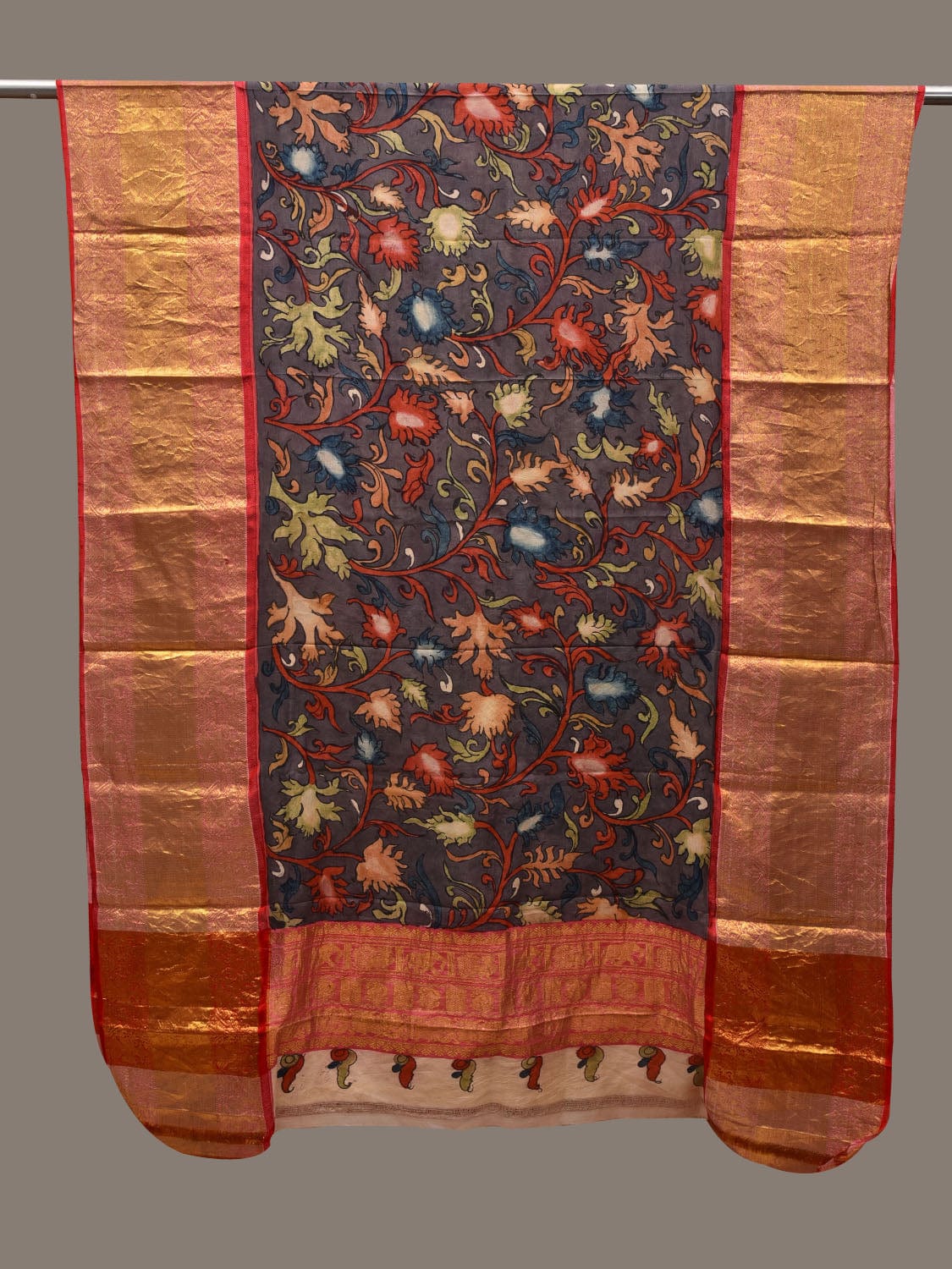 Grey Kalamkari Hand Painted Kanchipuram Silk Handloom Dupatta with Floral Design ds2834