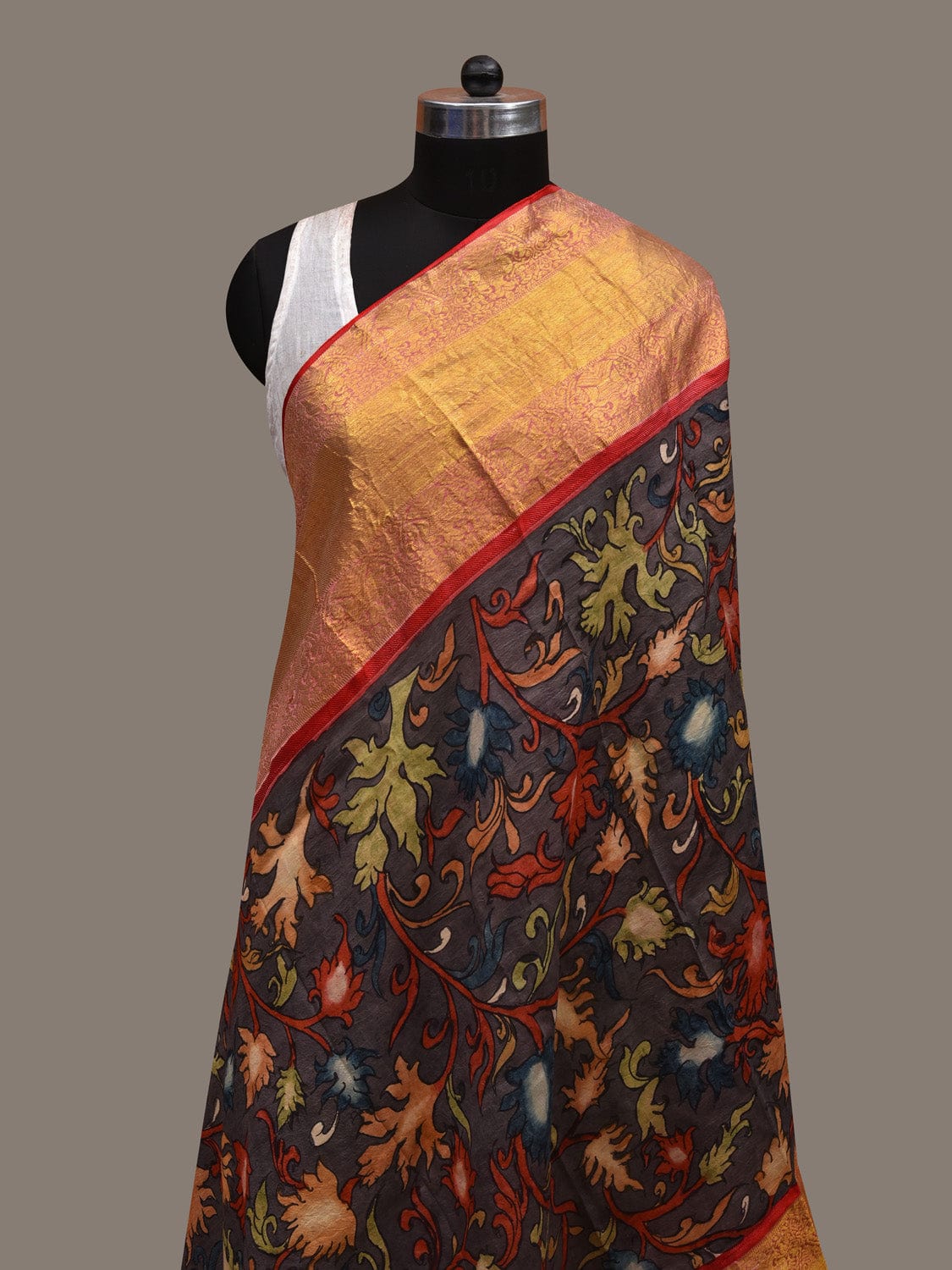 Grey Kalamkari Hand Painted Kanchipuram Silk Handloom Dupatta with Floral Design ds2834