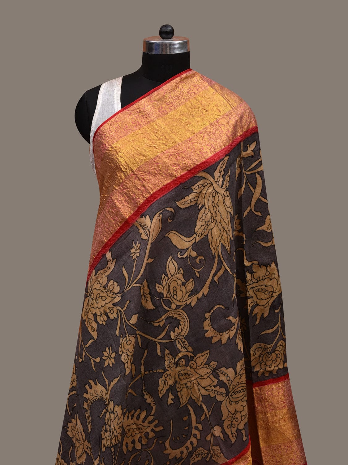 Grey Kalamkari Hand Painted Kanchipuram Silk Handloom Dupatta with Floral Design ds2836