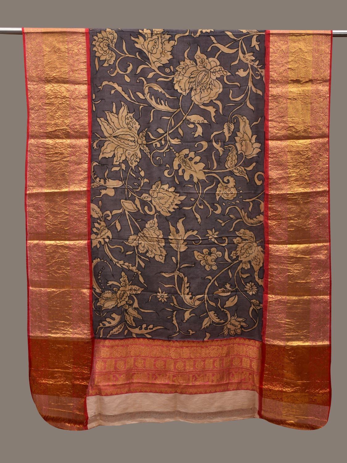 Grey Kalamkari Hand Painted Kanchipuram Silk Handloom Dupatta with Floral Design ds2836