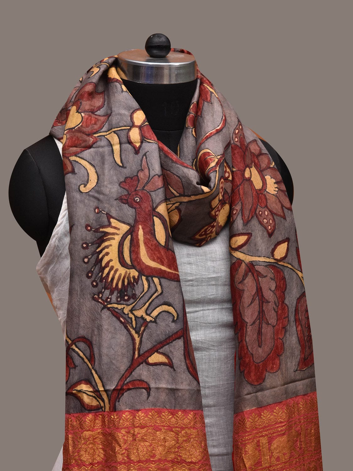 Grey Kalamkari Hand Painted Kanchipuram Silk Handloom Dupatta with Flowers and Peacock Design ds2706