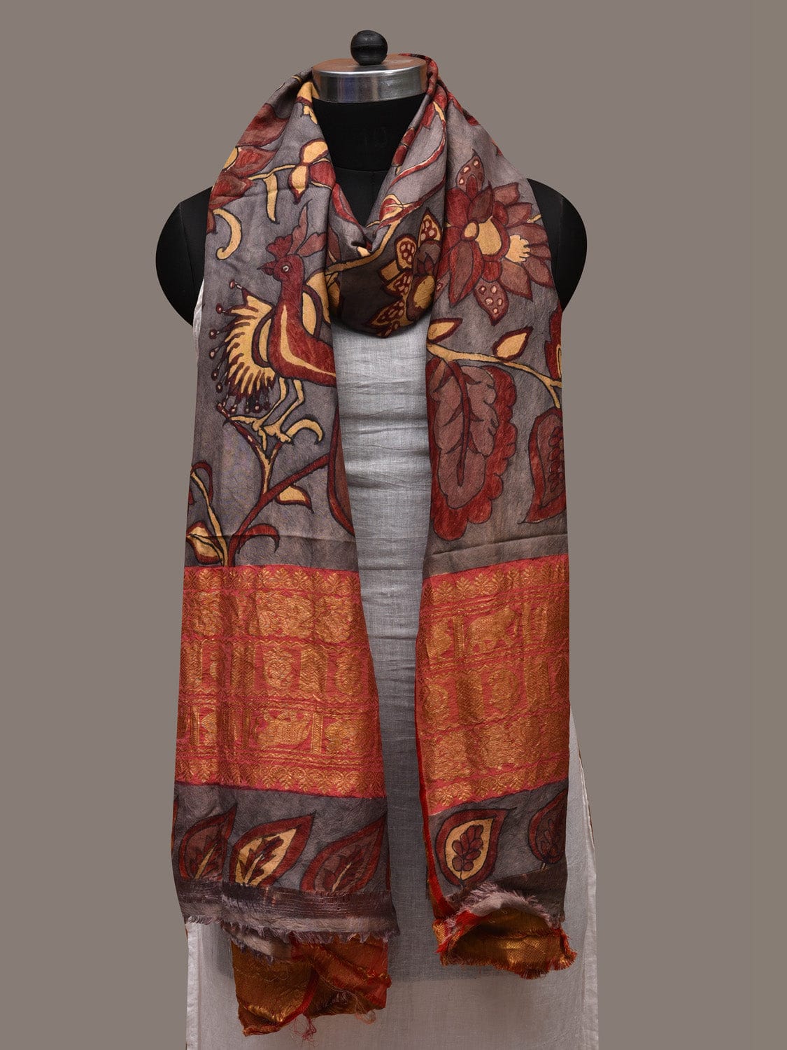 Grey Kalamkari Hand Painted Kanchipuram Silk Handloom Dupatta with Flowers and Peacock Design ds2706