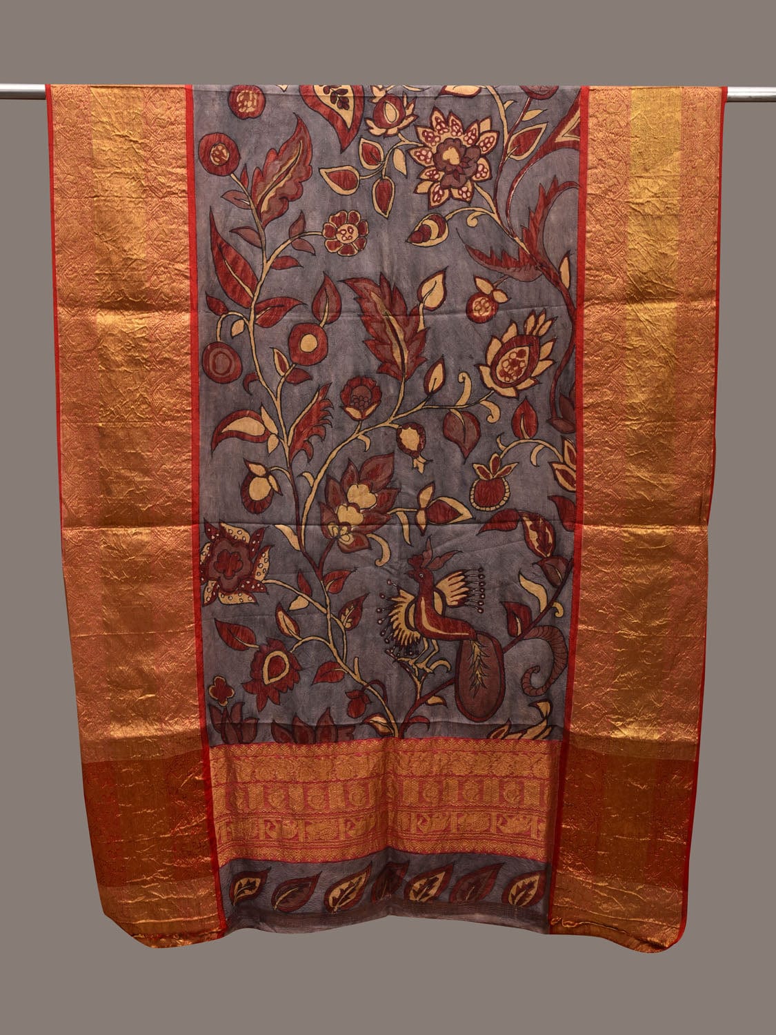 Grey Kalamkari Hand Painted Kanchipuram Silk Handloom Dupatta with Flowers and Peacock Design ds2706