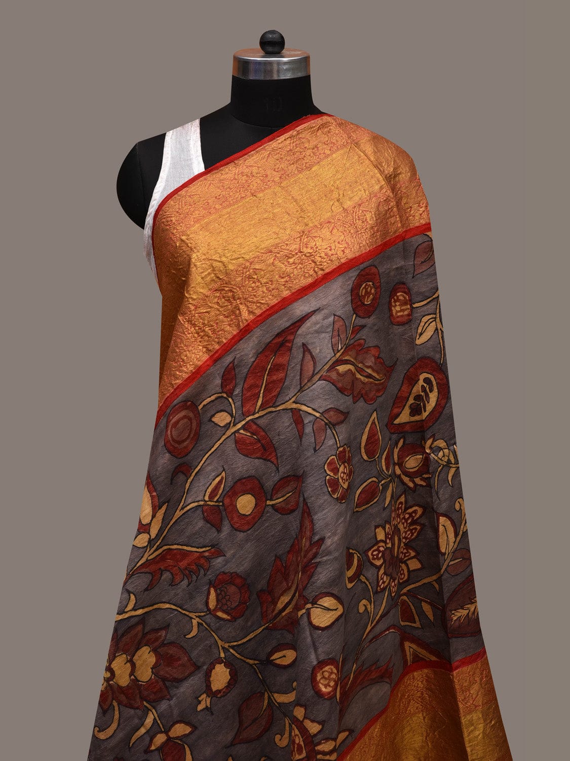 Grey Kalamkari Hand Painted Kanchipuram Silk Handloom Dupatta with Flowers and Peacock Design ds2706