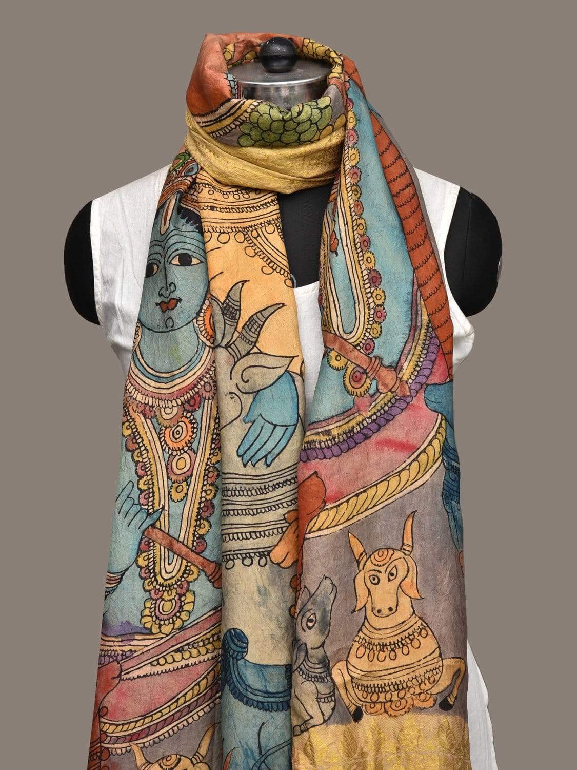 Grey Kalamkari Hand Painted Kanchipuram Silk Handloom Dupatta with Krishna and Cows Design ds2268