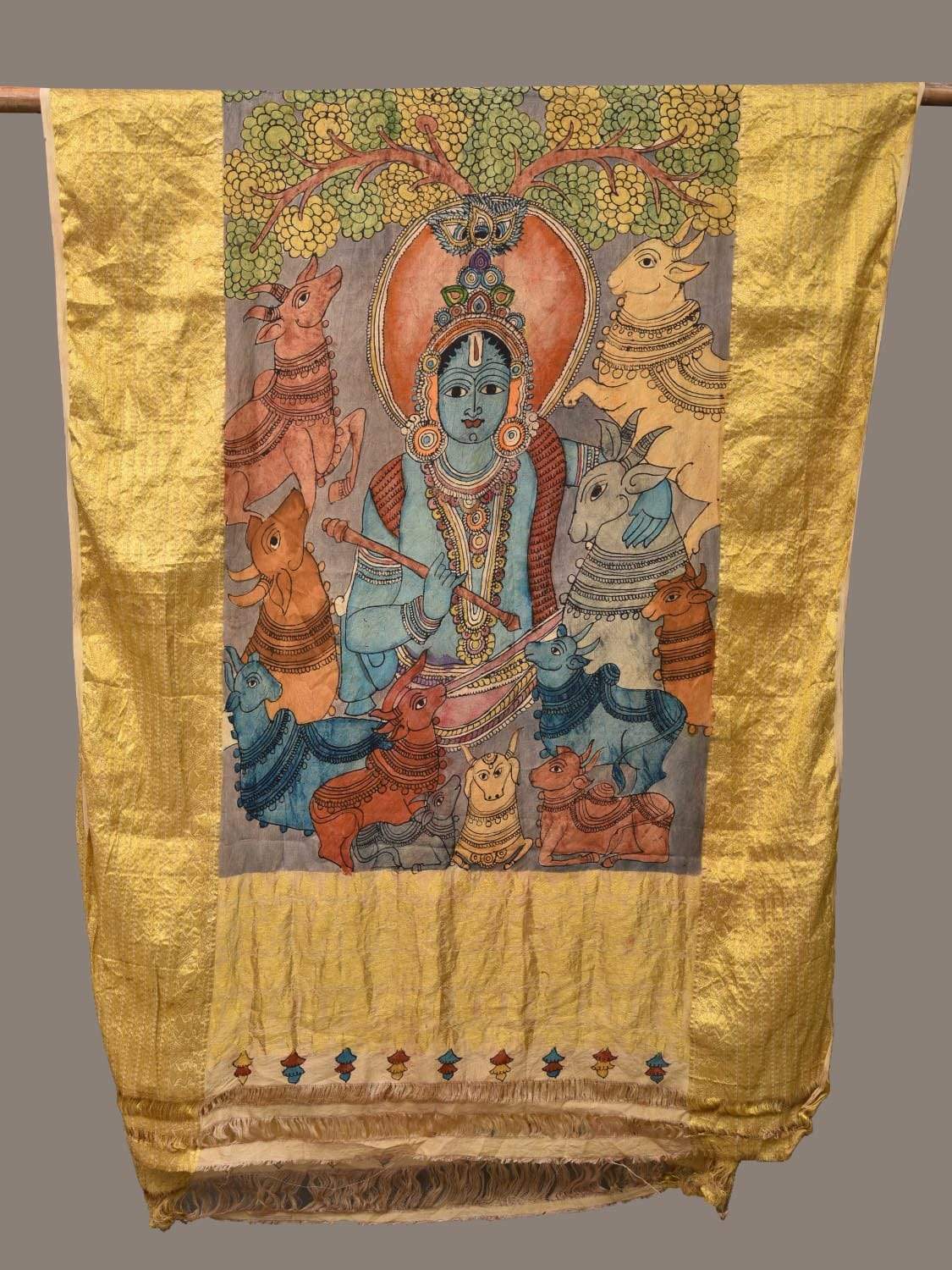 Grey Kalamkari Hand Painted Kanchipuram Silk Handloom Dupatta with Krishna and Cows Design ds2268