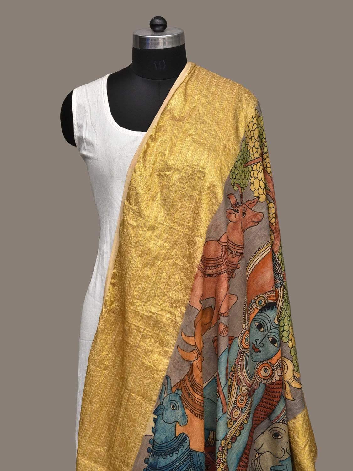 Grey Kalamkari Hand Painted Kanchipuram Silk Handloom Dupatta with Krishna and Cows Design ds2268