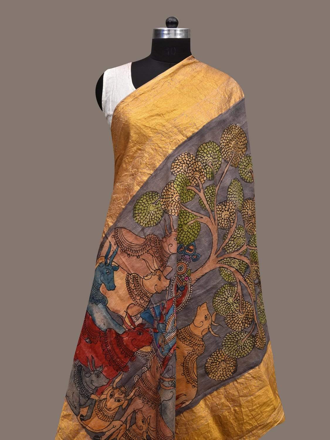Grey Kalamkari Hand Painted Kanchipuram Silk Handloom Dupatta with Krishna and Cows Design ds2351