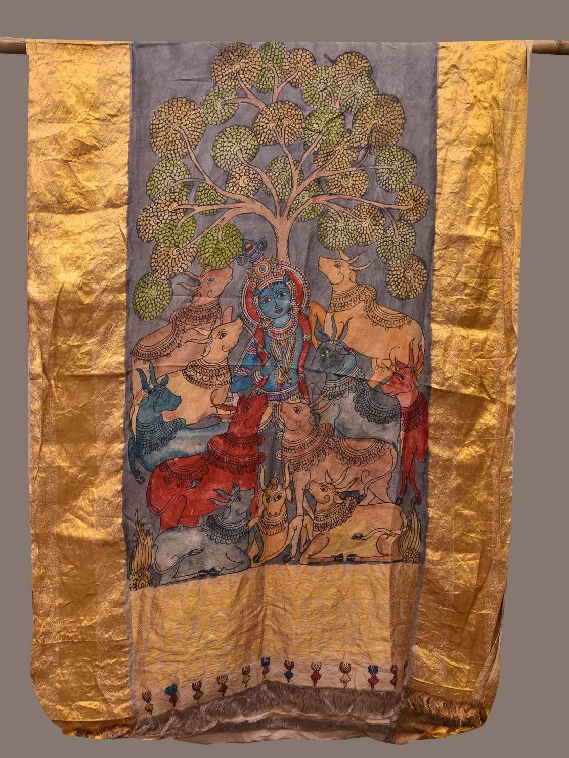 Grey Kalamkari Hand Painted Kanchipuram Silk Handloom Dupatta with Krishna and Cows Design ds2351