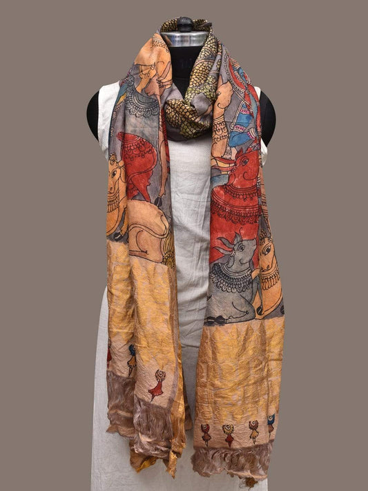 Grey Kalamkari Hand Painted Kanchipuram Silk Handloom Dupatta with Krishna and Cows Design ds2351