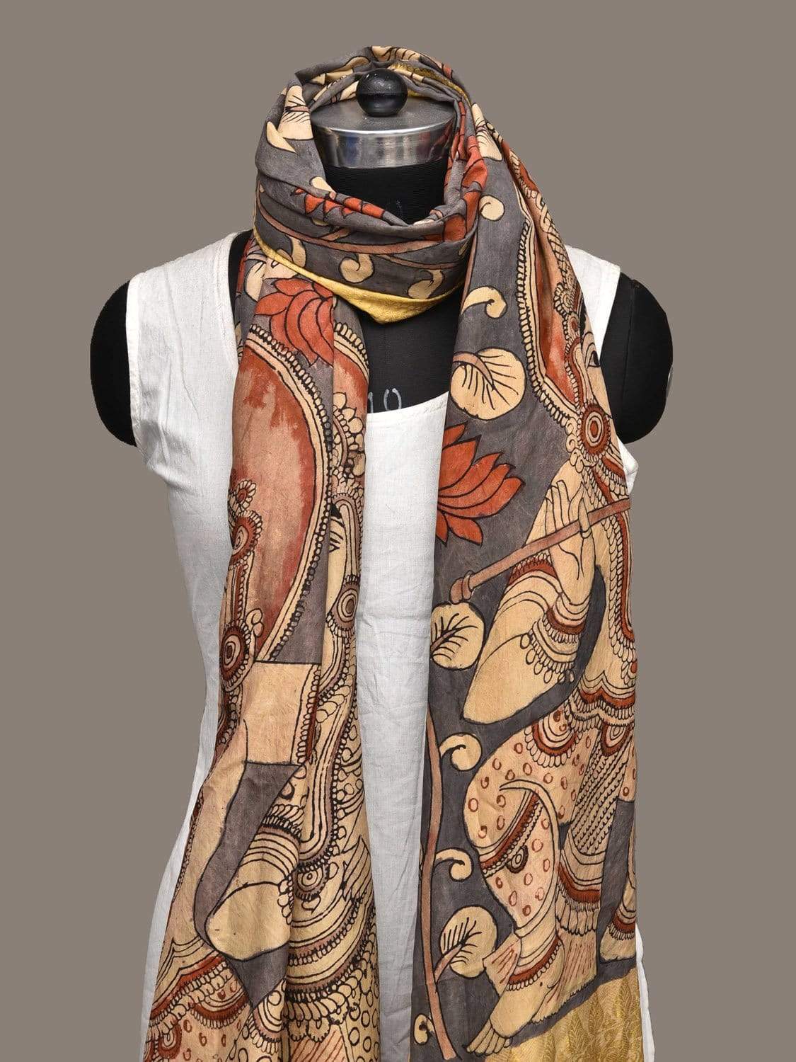 Grey Kalamkari Hand Painted Kanchipuram Silk Handloom Dupatta with Krishna and Radha Design ds2267