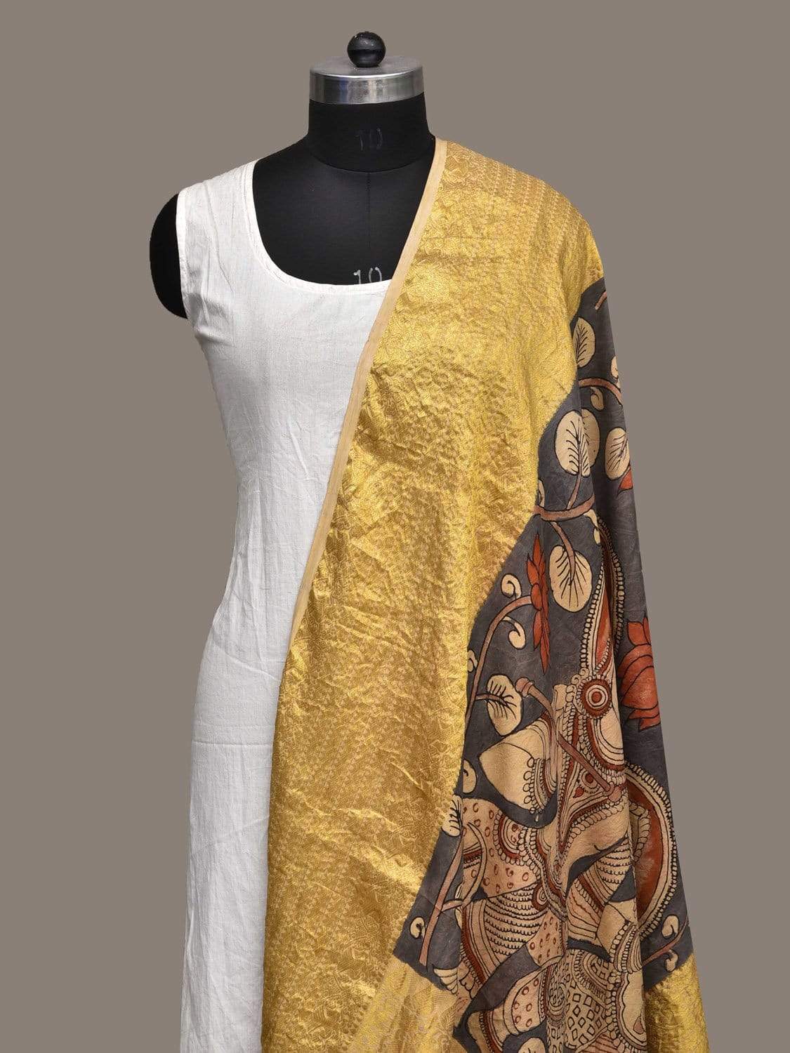 Grey Kalamkari Hand Painted Kanchipuram Silk Handloom Dupatta with Krishna and Radha Design ds2267