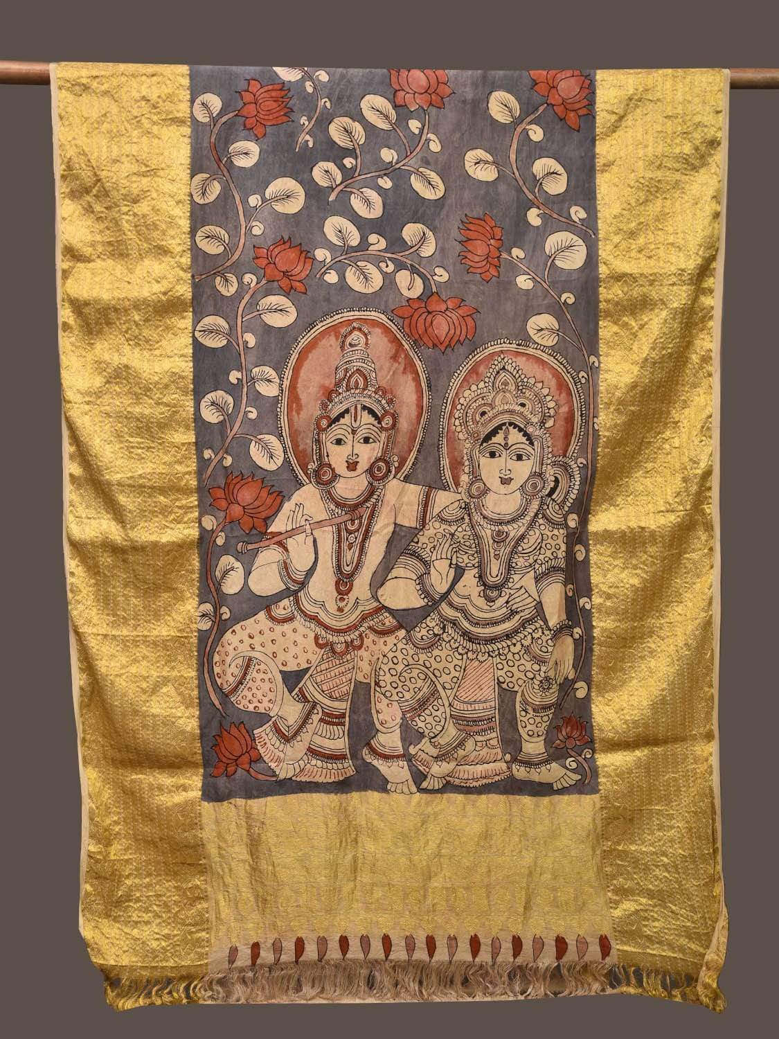 Grey Kalamkari Hand Painted Kanchipuram Silk Handloom Dupatta with Krishna and Radha Design ds2267
