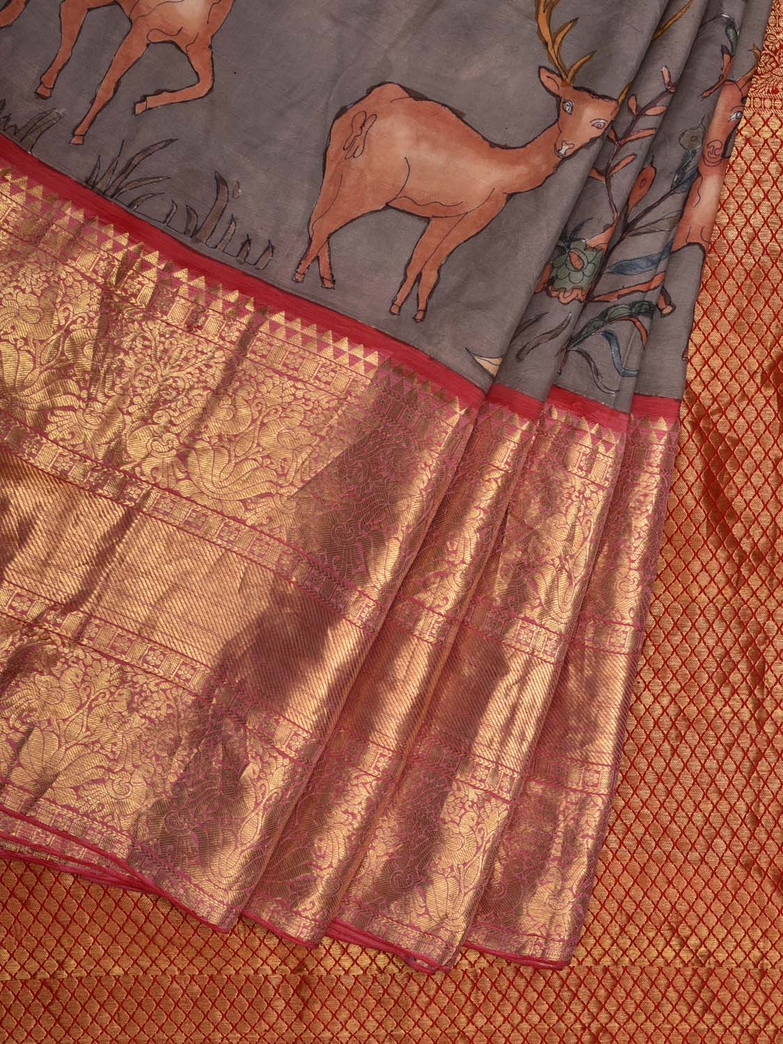 Grey Kalamkari Hand Painted Kanchipuram Silk Handloom Saree with Deers and Birds Design KL0562