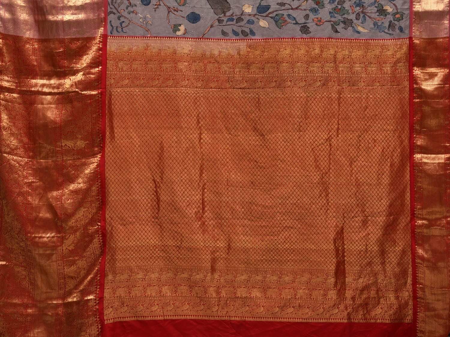 Grey Kalamkari Hand Painted Kanchipuram Silk Handloom Saree with Deers and Birds Design KL0562