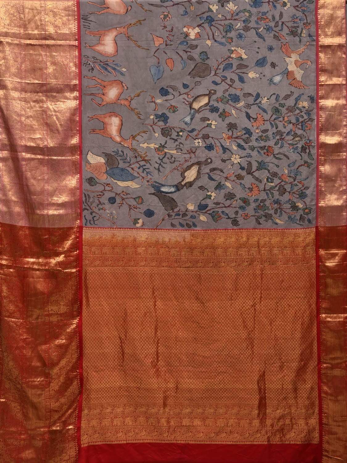 Grey Kalamkari Hand Painted Kanchipuram Silk Handloom Saree with Deers and Birds Design KL0562