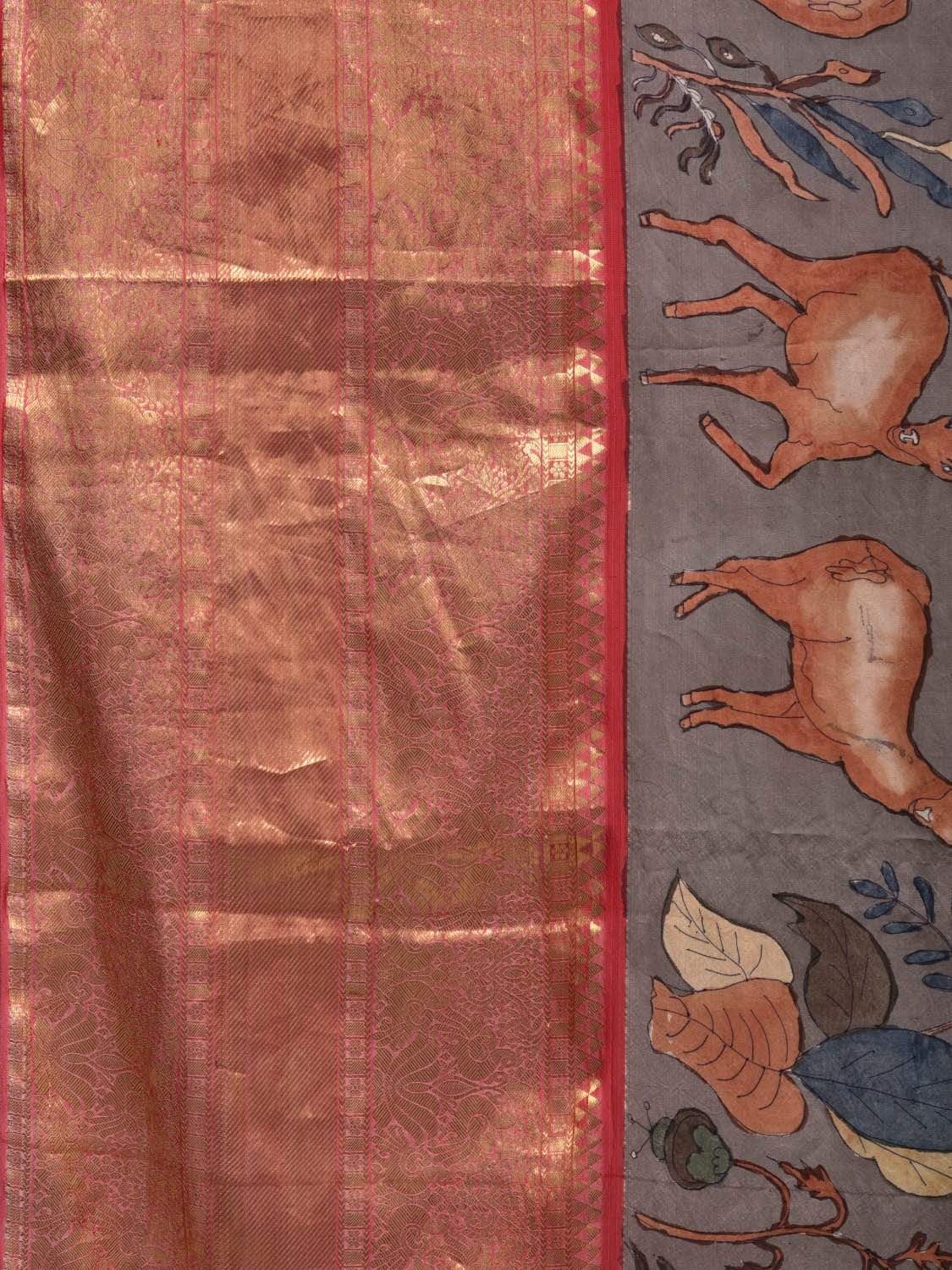 Grey Kalamkari Hand Painted Kanchipuram Silk Handloom Saree with Deers and Birds Design KL0562
