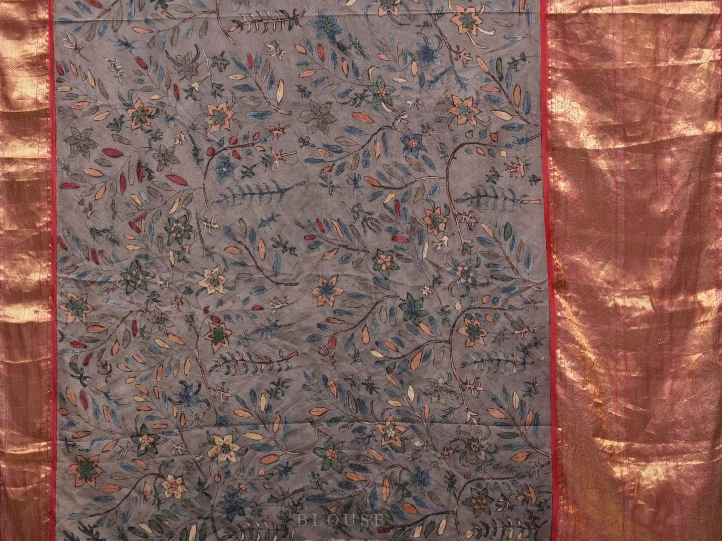 Grey Kalamkari Hand Painted Kanchipuram Silk Handloom Saree with Deers and Birds Design KL0562