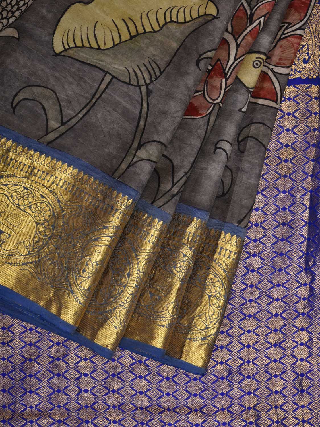 Grey Kalamkari Hand Painted Kanchipuram Silk Handloom Saree with Floral and Fish Design KL0576