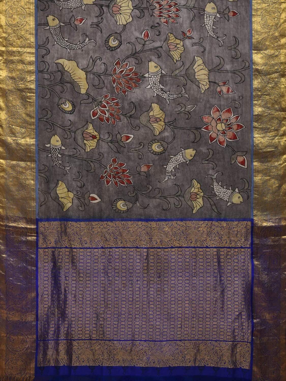 Grey Kalamkari Hand Painted Kanchipuram Silk Handloom Saree with Floral and Fish Design KL0576