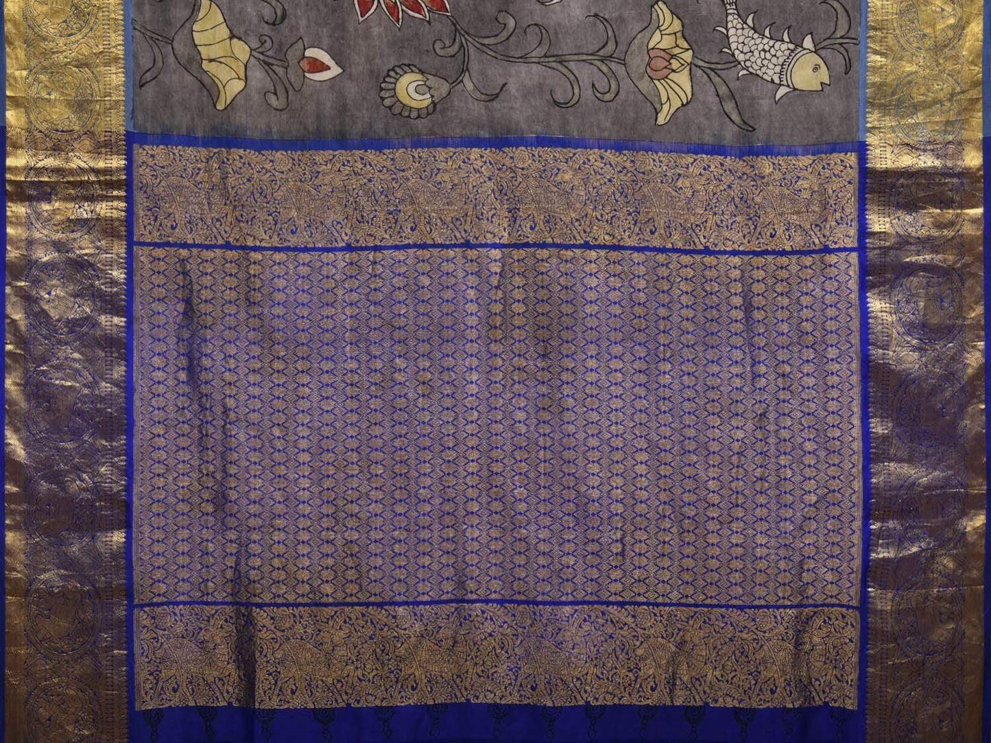 Grey Kalamkari Hand Painted Kanchipuram Silk Handloom Saree with Floral and Fish Design KL0576