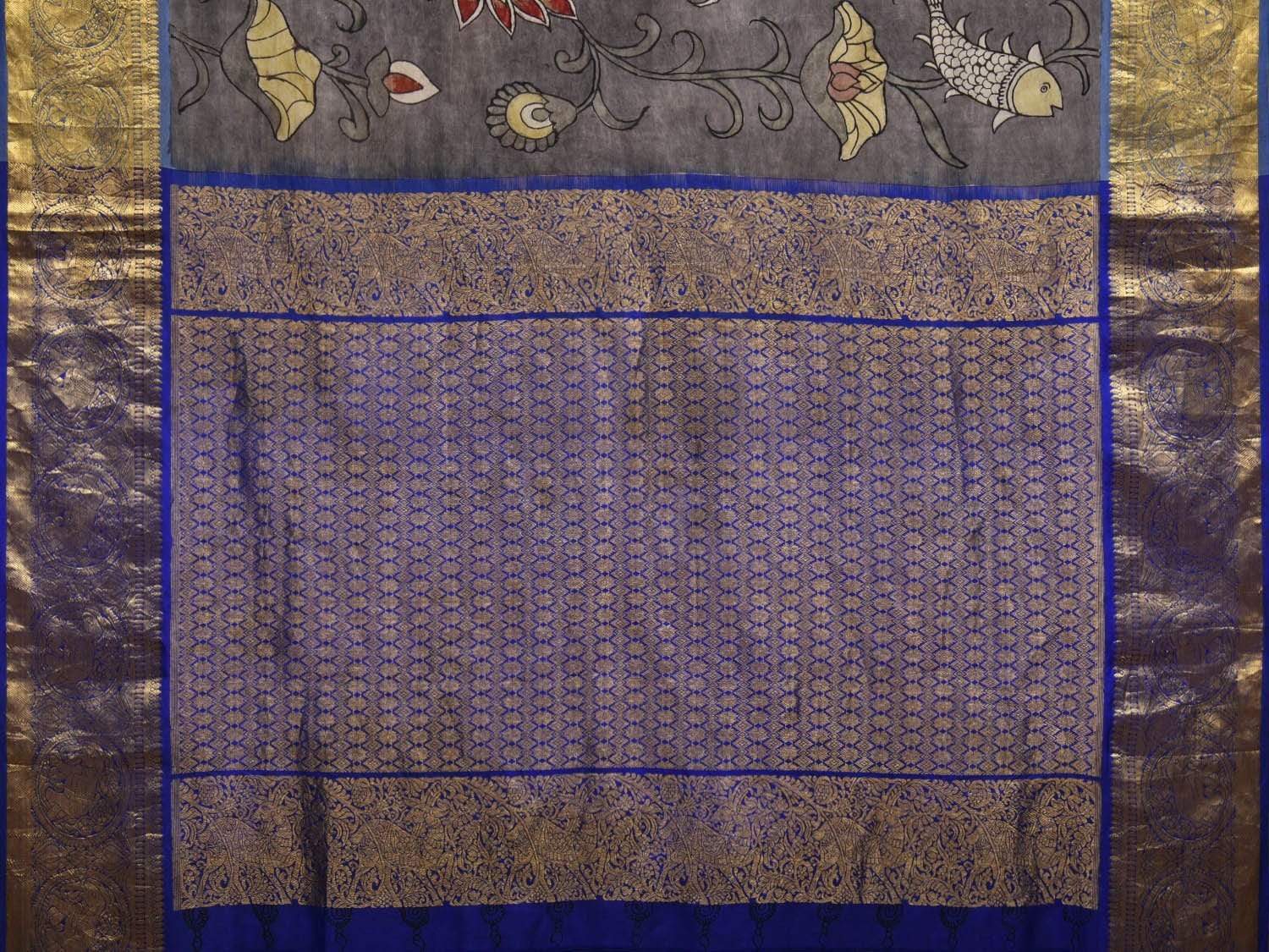 Grey Kalamkari Hand Painted Kanchipuram Silk Handloom Saree with Floral and Fish Design KL0576