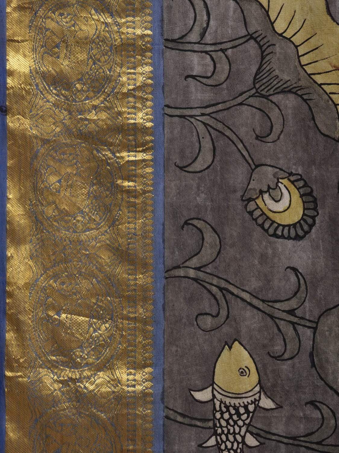 Grey Kalamkari Hand Painted Kanchipuram Silk Handloom Saree with Floral and Fish Design KL0576